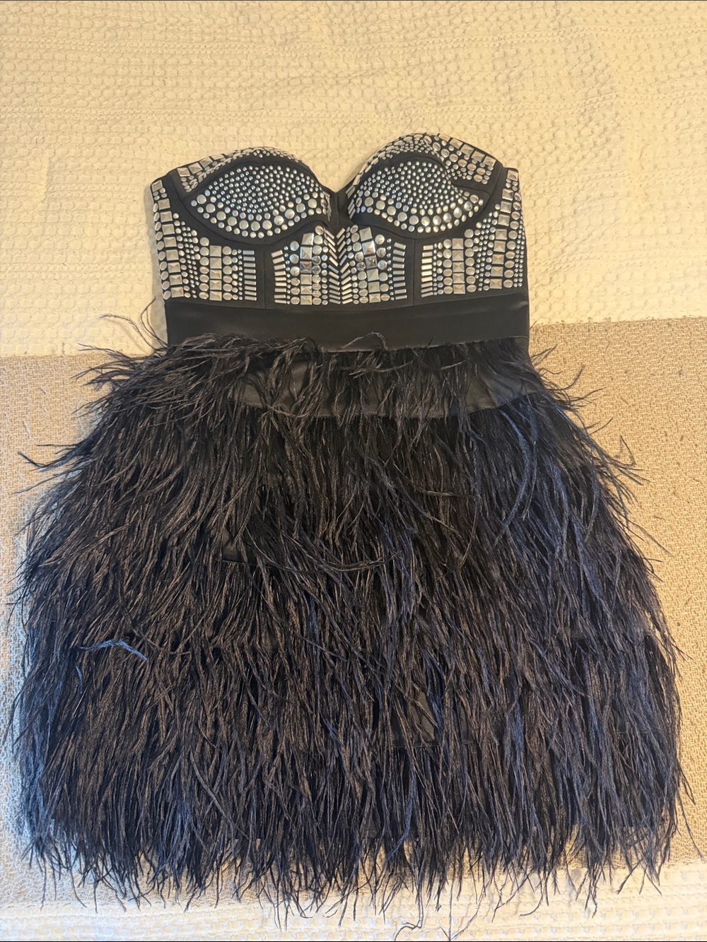 Black Feather & Embellished Strapless Party Dress